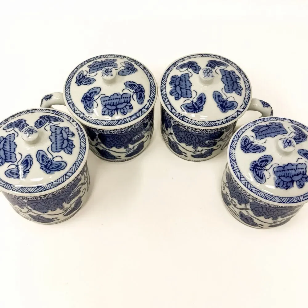 Blue White Chinese Porcelain Lidded Mugs Butterflies Grapevines Set of 4